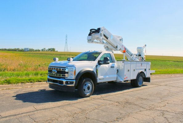 The new Terex TRX Series of aerial devices balances a lightweight boom with heavy-duty performance. Pictured is the new TRX41 with a working height of 46 feet and a platform capacity of 500 pounds.