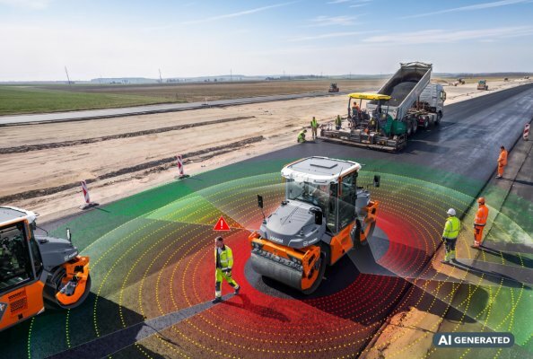 The new Brake Assist system from Hamm enhances safety in road construction: High-performance LiDAR sensors are mounted on the roof of the tandem rollers to detect people, objects and obstacles.