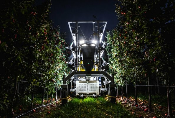 The advanced farm BetterPick robotic harvester picks fruit at night.