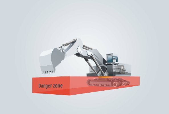 The danger zone of the excavator is located directly at the point, where the service personnel attach the measuring device during a manual measurement.