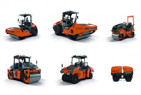 Hamm is presenting numerous new series and models at CONEXPO/CON-AGG 2023: The HC CompactLine series, the HC series, electrically driven compact rollers from the HD CompactLine series, the HX series, the HP 100i articulated pneumatic-tire roller, and the HTC 15 trench roller (from top left to bottom right). They are also presenting a tandem roller from the HD+ series with two VIO drums.