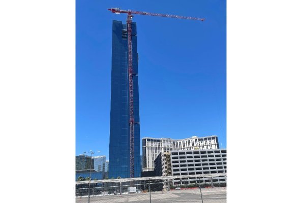Compass Equipment’s Potain MDT 489 is busy at work on the vertical expansion of the Elara Hotel in Las Vegas. The topless crane has the needed reach and capacity to complete the elevator shaft and four additional stories to the building without impacting local air rights.