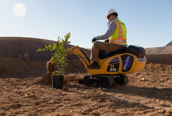 Komatsu's PC01E electric micro excavator, developed jointly with Honda, is powered by portable and swappable mobile batteries.
