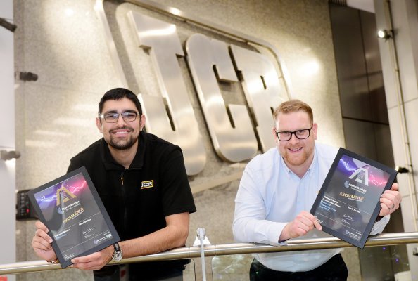 JCB Engineering Apprentice Nihal Dhillon (left) celebrates his Rising Star of the Year award at the National Apprenticeship Awards. He is pictured with Gavin Archer who was Highly Commended in the Advanced Apprentice of the Year category.