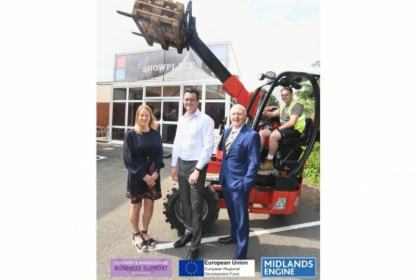 From the left, Denise Osborne (Coventry City Council), Rob Goodman (Showplace), Jim Clark (CW Growth Hub) and, in the forklift truck, Alex Mitchell (Showplace)