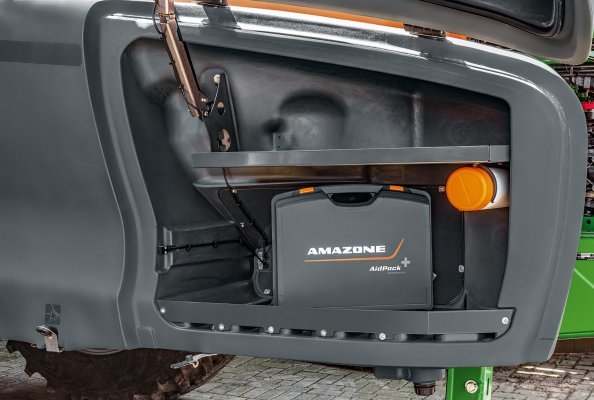 The AidPack can be stowed in the storage compartment of the AMAZONE crop protection sprayer keeping it safe and close to hand.