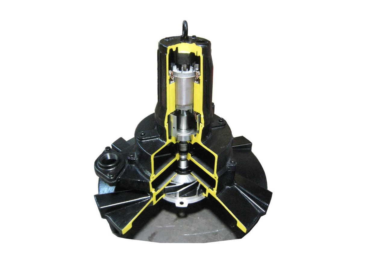 Cutaway of a Tsurumi TRN submersible self-aspirating aerator, designed for aeration and mixing of wastewater.