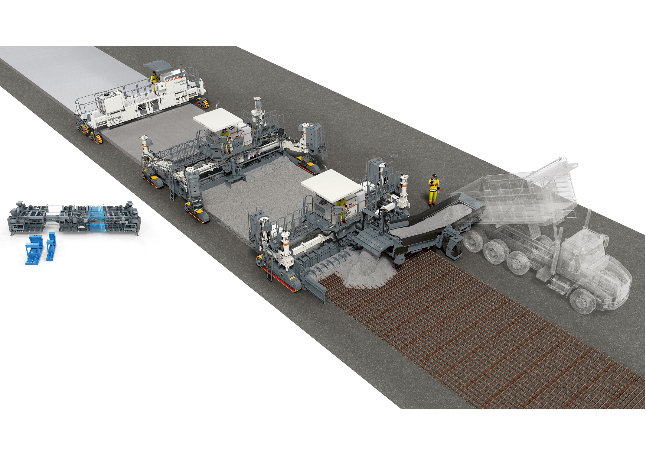 Der 24-foot (7.3 m) paving train, comprising a WPS 102(i), an SP 94(i) with a TeleMold system and a TCM 180(i), offers the entire range of options available for fully reinforced concrete paving.